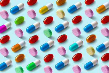 薬、もしくはサプリメントによるカラフルな背景テクスチャー