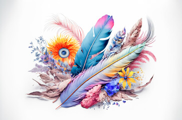 Colorful of feathers with red yellow orange and blue shades. exotic nature background and texture. Bird feather and decoration concept. Generative AI