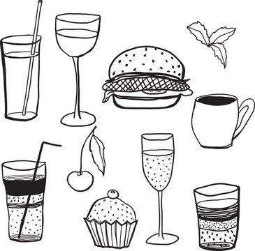 Vector bar glasses set. Hand painted drink objects and elements: wineglass, cup, mug and food isolated on white background. Illustration for design, print, fabric or background.