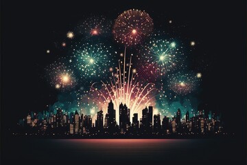 Fototapeta na wymiar Vector illustration of a festive fireworks display over the city at night scene for holiday and celebration background, AI art