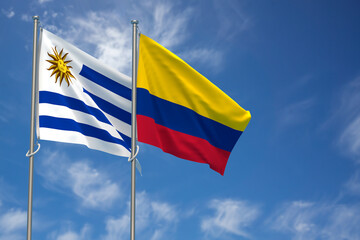 Oriental Republic of Uruguay and Republic of Colombia Flags Over Blue Sky Background. 3D Illustration