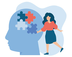 Psychotherapist connecting jigsaw pieces of a head together. illustration of support and help to people with mental health disorders. Concept of brainstorming, creativity and psychology therapy. - obrazy, fototapety, plakaty
