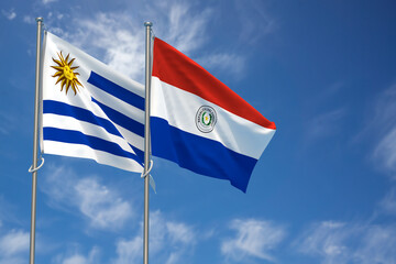 Oriental Republic of Uruguay and Republic of Paraguay Flags Over Blue Sky Background. 3D Illustration
