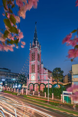 Fototapeta premium Beautiful night at Tan Dinh parish church or Church of the Sacred Heart of Jesus is a church located in Ho Chi Minh City. Selective focus, blue hour. Travel concept