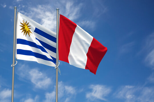 Oriental Republic of Uruguay and Republic of Peru Flags Over Blue Sky Background. 3D Illustration