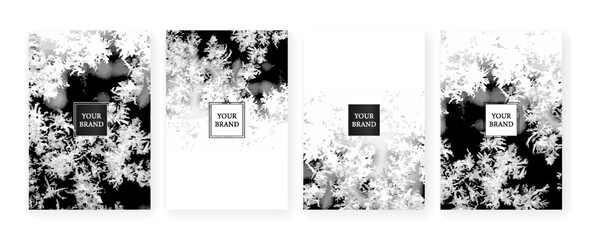 Abstract winter cover design set. Creative fashionable background with black and white pattern. Trendy vector collection for catalog, brochure template, beauty booklet, magazine layout