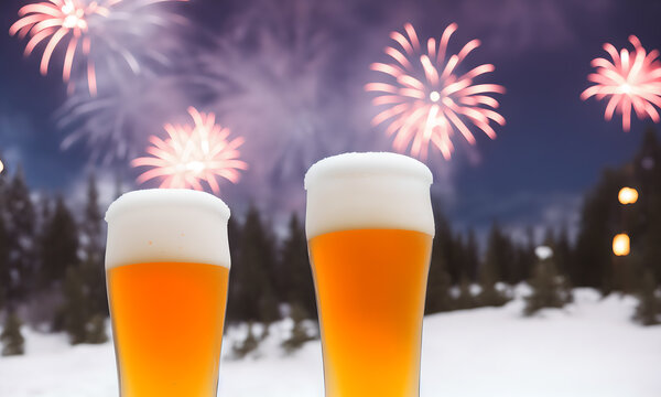 Beer glass in snow with fireworks during celebrations,  copy space