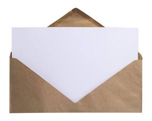 large craft envelope with a white sheet of textured paper sticking out from the inside horizontal photo isolate. mock up envelope with blank sheet