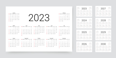 Calendar for 2023, 2024, 2025, 2026, 2027, 2028, 2029, 2030 years. Week starts Sunday. Simple calender layout. Desk planner template with 12 months. Yearly diary organizer. Vector illustration. - obrazy, fototapety, plakaty