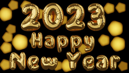 Naklejka premium 3D render of a banner with the text 2023 New Year in the form of balloons. Christmas text in the form of foil balloons on a black background. For designing postcards, banners, posters and backgrounds.