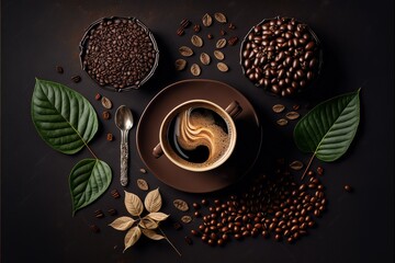 AI art,Cup of coffee and coffee beans on gold black background