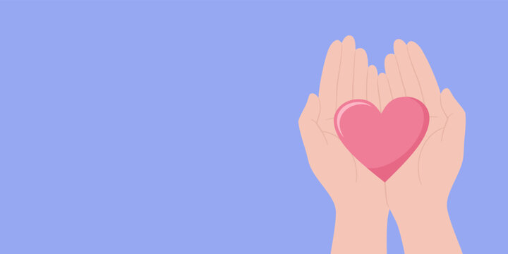 Hands holding heart on a purple background with copy space, top view. Flat vector illustration