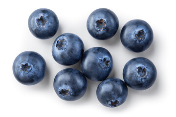 Blueberry isolated. Blueberries top view. Blueberry flat lay on white background with clipping path.