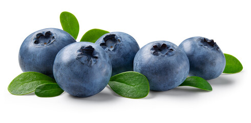 Blueberry isolated. Blueberries with leaves on white background. Blueberry with clipping path. Full depth of field.