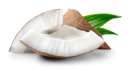 Coconut piece with leaves isolated. Coconut pieces on white background. Broken white coco slice with clipping path. Full depth of field.