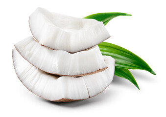 Coconut piece with leaves isolated. Coconut pieces on white background. Broken white coco slice with clipping path. Full depth of field.