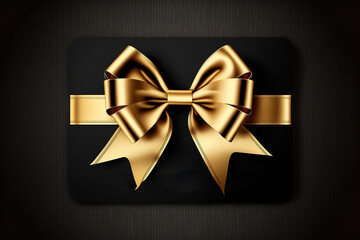 gift card with golden ribbon bow isolated on black background template with copy space for Merry Christmas or black friday promotional offer. Generative AI