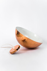 Copper semi sphere lamp. Minimalist lamp design for home interior. Home deco.