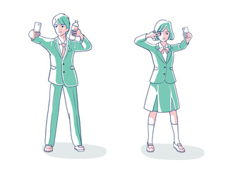 A student wearing a school uniform is taking a selfie