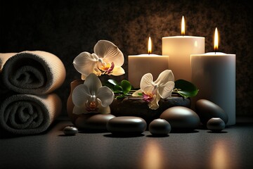 Obraz na płótnie Canvas AI art, Spa beauty treatment and wellness background with massage stone, orchid flowers