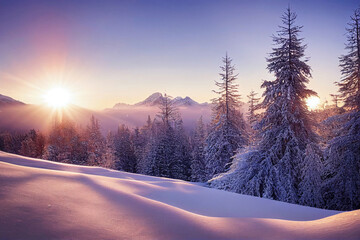 Beautiful winter landscape. Mountain range during morning light. Generative AI