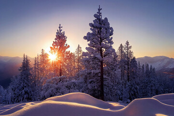 Beautiful winter landscape. Mountain range during morning light. Generative AI