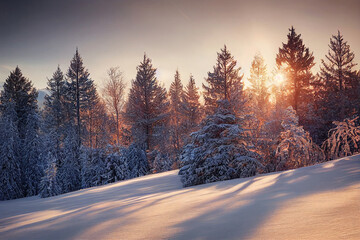 Fototapeta na wymiar Beautiful winter landscape. Mountain range during morning light. Generative AI