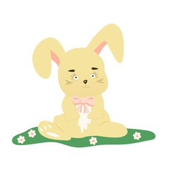 cute cartoon characters rabbits and design elements flowers. Easter bunny. Vector illustration