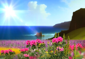  wild flowers and trees blue sky sunlight and mountain on front sea water sea beautiful nature landscape