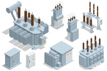 Isometric Transformer . Electric Energy Factory Distribution Chain. Isolated set Icon Energy Substation. High-Voltage Power Station. - obrazy, fototapety, plakaty