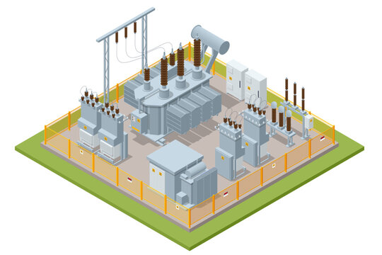 Isometric Transformer . Electric Energy Factory Distribution Chain. Isolated set Icon Energy Substation. High-Voltage Power Station.