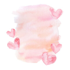 Abstract delicate pink beige background, stain, stroke, with hearts. Watercolor isolated on white background. Valentine's Day