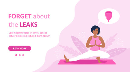 Happy black woman doing yoga during menstruation. Menstrual cup landing page poster template. Forget about the leaks. Vector illustration in cute flat cartoon style