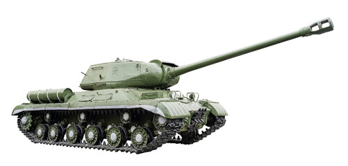 Military green tank on caterpillars with a cannon front bottom and front right side view close-up isolated on a transparent background.