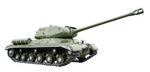 Military green tank on caterpillars with a cannon front bottom and front right side view close-up isolated on a transparent background.