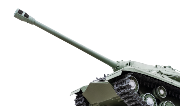 Military green tank on caterpillars with a cannon front bottom and side view close-up isolated on a transparent background.
