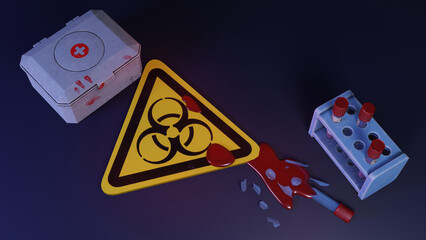 3D render with medical flasks, test tubes for analysis and first aid kit. Illustration of designs on the theme of analysis, laboratories and medical research. 3d scene on the theme of the stalker.