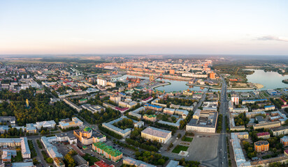 Fototapeta na wymiar Yoshkar-Ola, Russia. Panorama of the city center during sunset. Aerial view