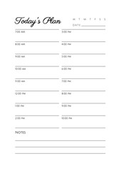 Daily Planner Simple Minimal Template. Undated Organizer and Schedule with place for Notes.
