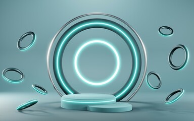 3D render of Podium background in blue tones for displaying cream products. cosmetics