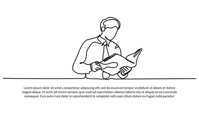 Continuous line design of man in tie opening book. Self knowledge development design concept. Decorative elements drawn on a white background.