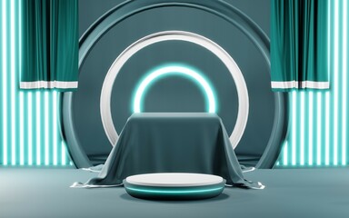 3D render of Podium background in blue tones for displaying cream products. cosmetics