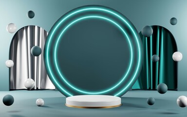 3D render of Podium background in blue tones for displaying cream products. cosmetics