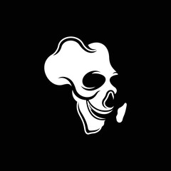 Africa map and Skull Logo Design icon. isolated on black background. Vector illustration. Logo designs template