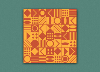 geometric shapes in pattern with arrow, circle, lines, dots and square in retro colors