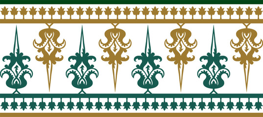 Vector gold and green seamless byzantine ornament. Endless Border, frame of ancient Greece and Eastern Roman Empire. Decoration of the Russian Orthodox Church..