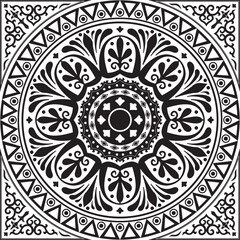 Vector monochrome square classical ornament of Ancient Greece and Roman Empire. Tile, Arabesque, Byzantine pattern..