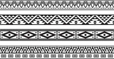 Vector set of seamless monochrome national native american ornaments. Endless ethnic black borders, frames of the peoples of America, Aztec, Maya, Incas. For sandblasting, plotter and laser cutting..