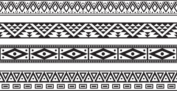 Vector set of seamless monochrome national native american ornaments. Endless ethnic black borders, frames of the peoples of America, Aztec, Maya, Incas. For sandblasting, plotter and laser cutting..
