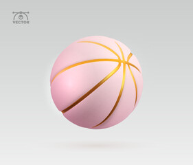 3d vector realistic pink and golden textured rubber basketball isolated design element on light background.